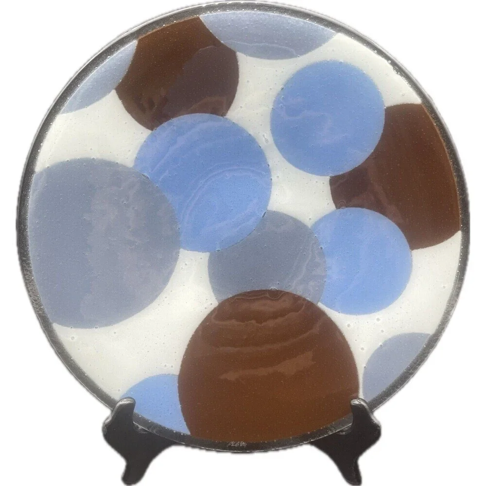 Fused Art Glass Modern Round BLUE GRAY WHITE‎ BROWN Platter 13.75” Signed